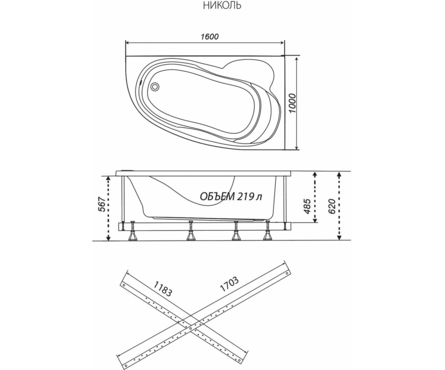Ванна акриловая 1600х1000 мм левая (каркас+экран+сифон) Николь ТРИТОН Фотография_8