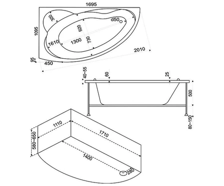 Ванна акриловая 1700х1100 мм правая (каркас+экран+сифон) Лагуна BAS Фотография_3