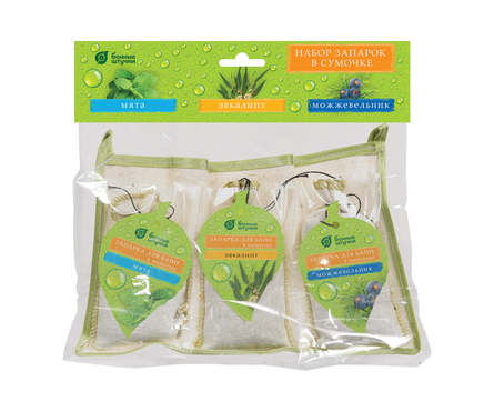 Набор запарок для бани и сауны 3 предмета в сумочке (мята, эвкалипт, можжевельник) БАННЫЕ ШТУЧКИ Фотография_1