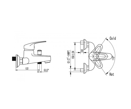 Смеситель для ванны однорычажный GROMIX короткий гусак хром 35к Фотография_4