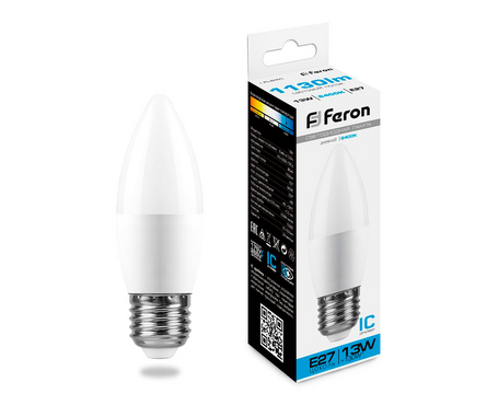 Лампа светодиодная 13 Вт Свеча Е27 6400 К дневной свет Feron Фотография_1