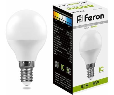 Лампа светодиодная Feron 9 Вт Шар белый свет, Е14, 4000К  Фотография_0