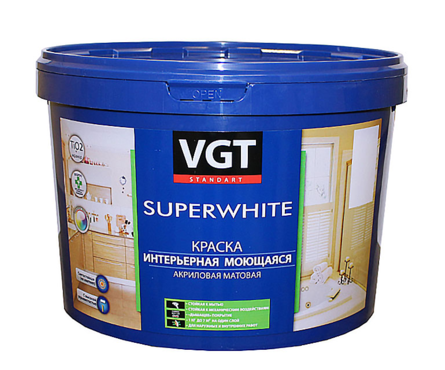 Краска ВД VGT для внутренних работ супербелая, моющаяся, 7 кг Фотография_0
