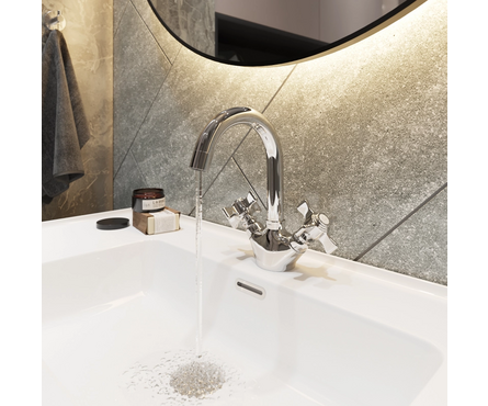 Смеситель для умывальника двухвентельный MIXLINE высокий гусак хром Classic ML30-042 Фотография_3