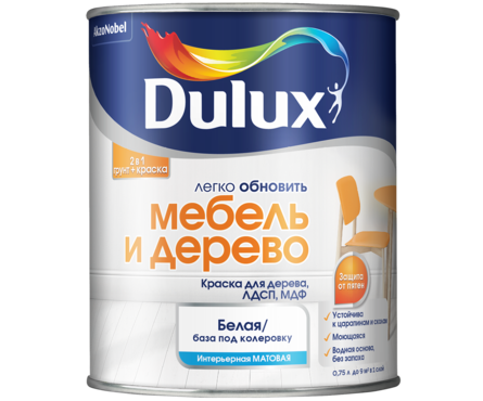 Краска для дерева матовая, акриловая Dulux Мебель и дерево, белая/база BW, 0.75 л Фотография_1