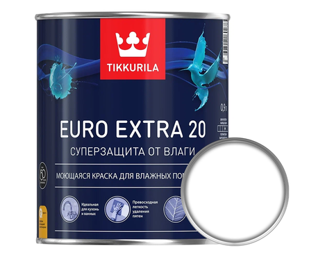 Краска ВД Tikkurila EURO EXTRA-20 для влажных помещений, моющаяся, полуматовая, база А, белая (0.9 л) Фотография_0