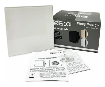 Вентилятор осевой вытяжной d 100 мм с укороченным патрубком Seicoi Floxy Design 100 White glass Фотография_2