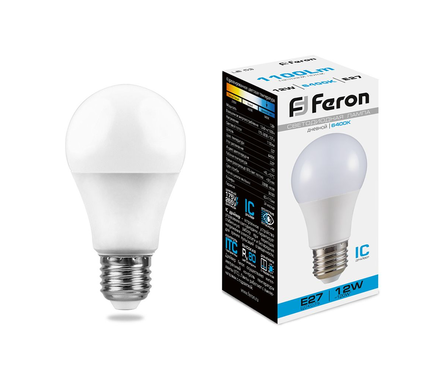 Лампа светодиодная Feron, 12 Вт, груша, Е27, 6400К, холодный Фотография_0