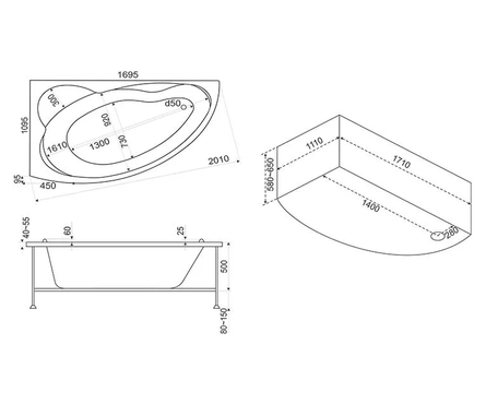 Ванна акриловая 1700х1100 мм левая (каркас+ экран + сифон) Лагуна BAS Фотография_2