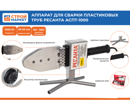 Аппарат для сварки ПВХ труб 1000 Вт 0-300 C насадки 20,25,32,40,50,63 мм, кейс АСПТ-1000 65/54 РЕСАНТА Фотография_1