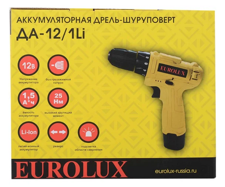 Дрель-шуруповерт 12 В 1 шт Li-ion акк. 1.5 Ач, 24 Нм, 0-600 об/мин, 1 скорость EUROLUX Фотография_6