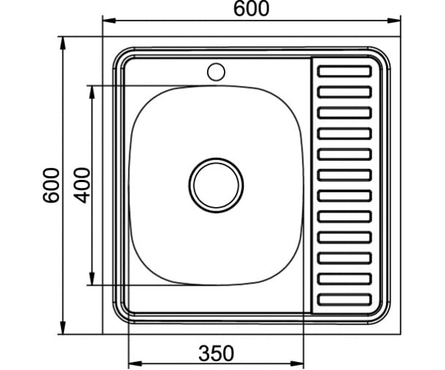 Мойка 60х60 см (0.6 мм) накладная правый выпуск 3 1\2 16 см с сифоном MIXLINE Фотография_1
