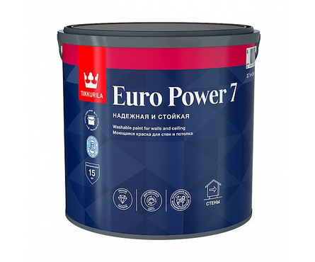 Краска EURO POWER-7 TIKKURILA моющаяся для стен и потолков, база С, 2.7 л Фотография_0