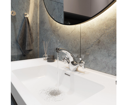 Смеситель для умывальника двухвентельный MIXLINE литой гусак хром Classic ML30-04 Фотография_3