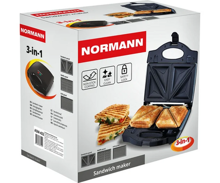 Сэндвичница электрическая 750 Вт; 3-в-1 4 треугольных ломтика, гриль, вафельница ASM-422 NORMANN Фотография_1