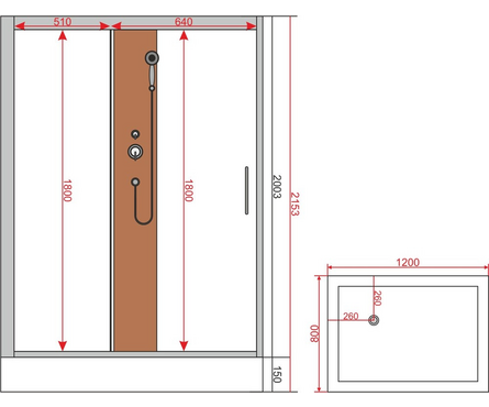 Душевая кабина прямоуг. 120х80 см бамбук, низкий под. прозрач. стекло, белая стенка, полка (1806 L/R) Фотография_2