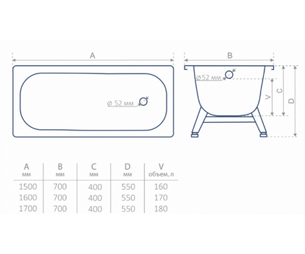 Ванна стальная 150x70 см 2.7 мм белый лотос Tevro (ВИЗ) Фотография_3