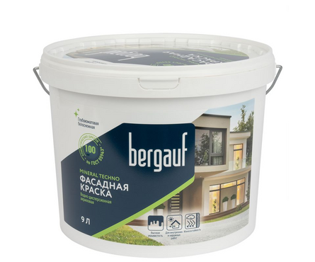Краска фасадная глубокоматовая ВД BERGAUF Mineral Techno белая БАЗА А 9 л  Фотография_0