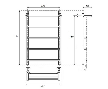 Полотенцесушитель водяной 80х50 см ниж. подключение 5 перекладин (крепеж, монт. комп. угл. 3/42х1/2) ЛЦ ZOX Фотография_1