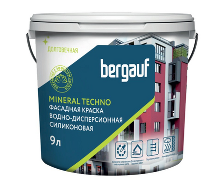 Краска фасадная силиконовая глубокоматовая ВД BERGAUF Mineral Techno белая БАЗА А 9 л  Фотография_1