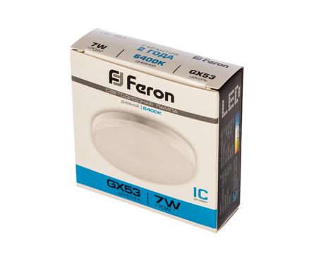 Лампа светодиодная Feron, 7 Вт, таблетка, GX53, 6400К, дневной свет  Фотография_1