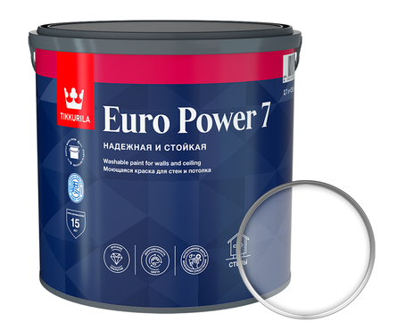 Краска ВД Tikkurila EURO POWER-7 моющаяся для стен и потолков база С (2.7 л ) Фотография_0