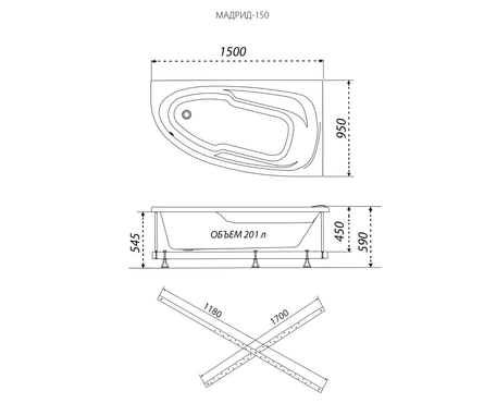 Ванна акриловая 1700х950 мм левая (каркас+экран+сифон) Мадрид ТРИТОН Фотография_3