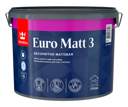 Краска интерьерная моющаяся, глубокоматовая, латексная ВД Tikkurila Euro Matt 3 белая/база А, 9 л Фотография_1