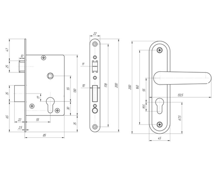 Замок врезной 3В4.2-08 цилиндровый с защелкой в комплекте с ручкой 4 ключа серебро антик АБСОЛЮТ Фотография_1