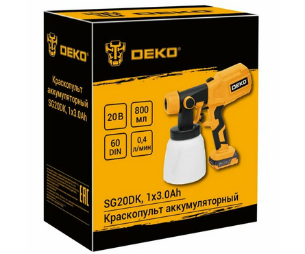 Краскопульт 20 Вт, 3 А*ч, 1 Акб, емкость 800 мл SG20DK DEKO Фотография_4