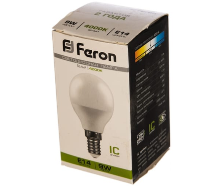 Лампа светодиодная Feron 9 Вт Шар белый свет, Е14, 4000К Фотография_2
