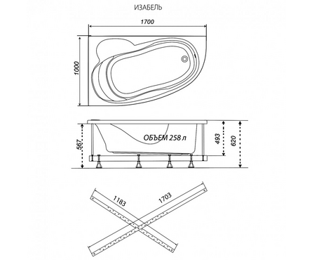 Ванна акриловая 1700х1000 мм правая (каркас+сифон) Изабель ТРИТОН Фотография_4