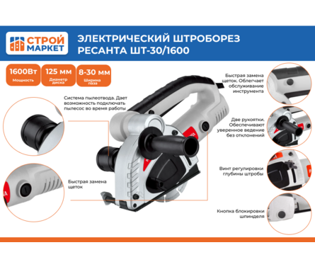Штроборез 1600 Вт макс. глубина 30 мм, диск 125 мм РЕСАНТА Фотография_1