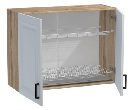 Шкаф навесной кухонный распашные дверцы 80см фасад МДФ Белый/дуб вотан с сушкой Фотография_1