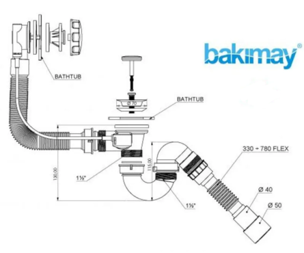Сифон для ванны Bakimay 1 1/2x40/50, автомат с гибкой трубой Фотография_1