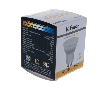 Лампа светодиодная Feron, 7 Вт, GU10, 2700К, теплый свет  Фотография_1