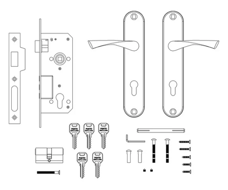 Замок врезной KIT P90 4585/3 CRONA цилиндровый с защелкой в комплекте с ручкой матовый никель PUNTO Фотография_2
