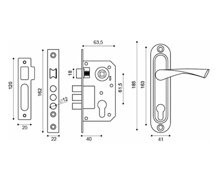 Замок врезной KIT P15 4061/3 CRONA цилиндровый с защелкой в комплекте с ручкой матовый никель PUNTO Фотография_2