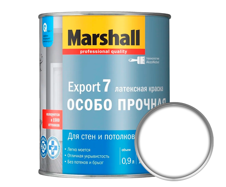 Краска латексная Marshall EXPORT 7 Особо прочная для стен и потолков, матовая, база BW (0.9 л) Фотография_0