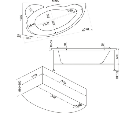 Ванна акриловая Лагуна 1700х1100 мм правая (каркас + ножки) Фотография_3