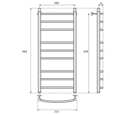 Полотенцесушитель водяной 100х50 см ниж.подключение 9 перекладин (крепеж) Дуга-2 ZOX Фотография_1