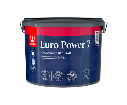 Краска EURO POWER-7 TIKKURILA моющаяся для стен и потолков, база С, 9 л Фотография_0