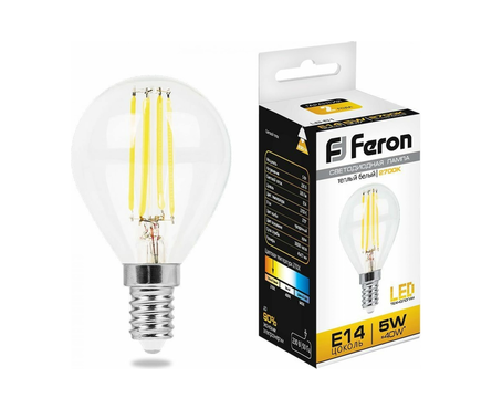 Лампа светодиодная Feron Filament, 5 Вт, шар, Е14, 2700К, теплый свет  Фотография_0