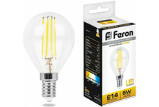 Лампа светодиодная Feron Filament, 5 Вт, шар, Е14, 2700К, теплый свет 