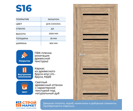 Дверное полотно Дуб Сонома S16 со стеклом черным 900х2000 мм Фотография_1