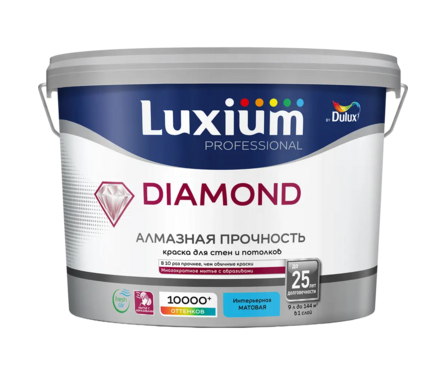 Краска интерьерная моющаяся глубокоматовая ВД ДЮЛАКС ЛЮКСИУМ Diamond Matt белая БАЗА BW 9 л Фотография_1