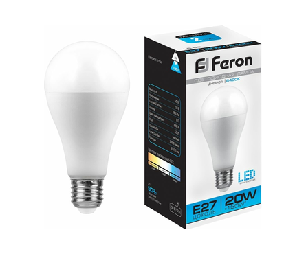 Лампа светодиодная Feron, 20 Вт, груша, Е27, 6400К, дневной свет  Фотография_0