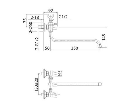 Смеситель для ванны двухвентельный MILARDO длинный гусак хром 1/2 кер TRISB02M10 Tring Фотография_2