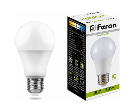 Лампа светодиодная Feron, 12 Вт, груша, Е27, 4000К, белый свет  Фотография_0