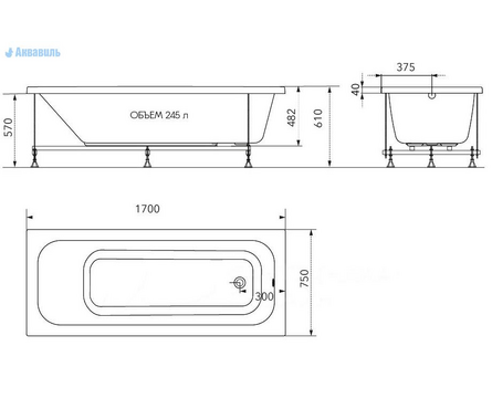 Ванна акриловая 1700х750 мм (каркас+экран + сифон) Ника ТРИТОН Фотография_3